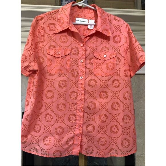 Alfred Dunner Women’s Light Coral Pink Floral Print Short Sleeve Collared Button - Picture 1 of 6